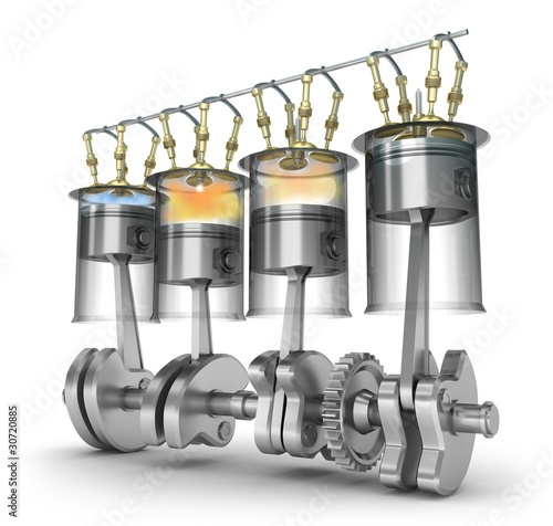 Photo: Engine function - operating principle. Isolated on white Engine function - operating principle. Isolated on white