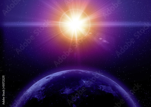Illustration: Planet earth with sunrise in space Planet earth with sunrise in space