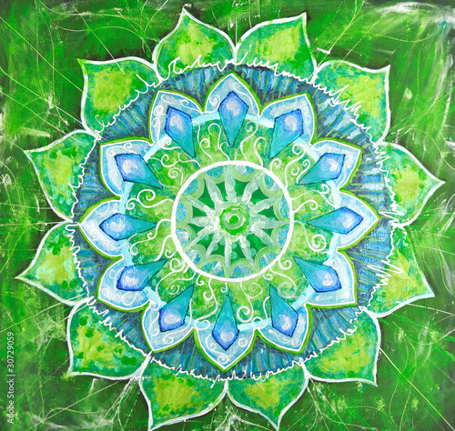 Photo: abstract green painted picture with circle pattern, mandala of a abstract green painted picture with circle pattern, mandala of a