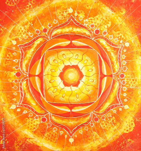 Photo: abstract orange painted picture with circle pattern, mandala of abstract orange painted picture with circle pattern, mandala of