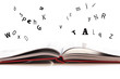 Livre ouvert et lettres qui s'envolent