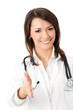 Female smiling doctor giving hand for handshaking, isolated