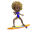 cute cartoon girl in a swimsuit standing on a surfboard. 3D cute cartoon girl in a swimsuit standing on a surfboard. 3D