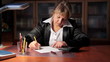 business woman fills out a 1040 tax form. slider shot. business woman fills out a 1040 tax form. slider shot.