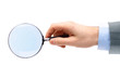 Magnifying glass in hand isolated on white background