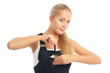 young woman with overalls on