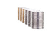 Row of stacks isolated on white, focused in front.