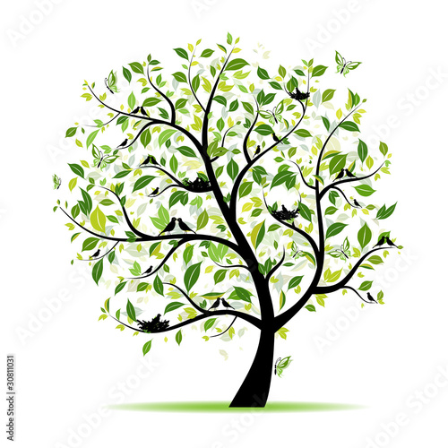 Vektor: Spring tree green with birds for your design Spring tree green with birds for your design