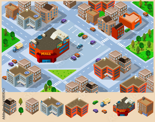 Vector: Buildings and Mall in a city. Buildings and Mall in a city.