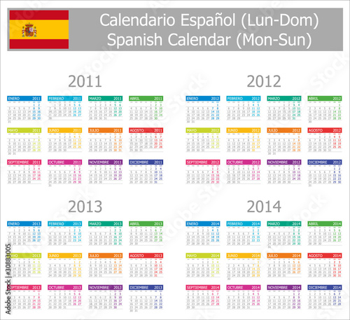 Vector: 2011-2014 Type-1 Spanish Calendar Mon-Sun 2011-2014 Type-1 Spanish Calendar Mon-Sun