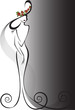 silhouette of  woman in a long dress and hat with red roses
