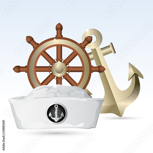 Vektor: Sailor Hat with Steering Wheel and Anchor Sailor Hat with Steering Wheel and Anchor