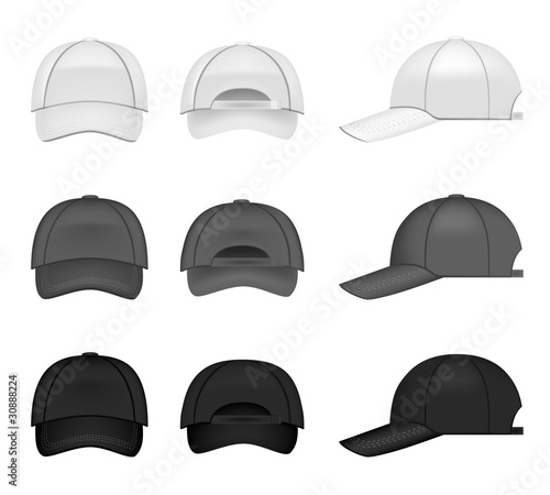 Vector: Set of baseball caps, three different colors from all angles Set of baseball caps, three different colors from all angles