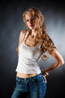 Girl in white t-shirt and jeans