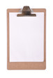 Clipboard with a sheet of white paper isolated on white.