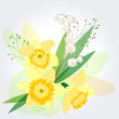 Floral pastel background with yellow daffodils and green leaves