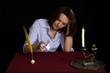 portrait of beautiful brown-haired girl writing work portrait of beautiful brown-haired girl writing work