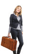 Woman with vintage leather suitcase