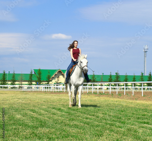 Photo: girl embraces a white horse girl embraces a white horse