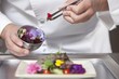 Mid- adult chef arranges edible flowers on salad