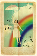 beauty woman fly with umbrella in sky