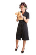 housewife with kitchen knife and plaything