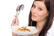 Foto: Italian food - portrait woman eat spaghetti sauce Italian food - portrait woman eat spaghetti sauce