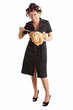 housewife with kitchen knife and plaything