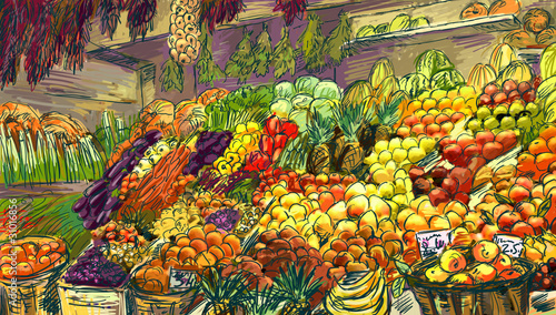 Illustration: Fruits and vegetables street stall. Illustration Fruits and vegetables street stall. Illustration