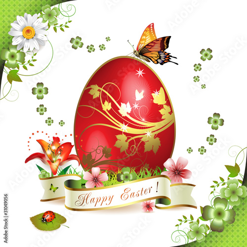 Vector: Easter card with butterflies and decorated egg on grass Easter card with butterflies and decorated egg on grass