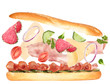 French baguette with ingredients in the air isolated