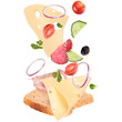 Delicious sandwich with ingredients in the air