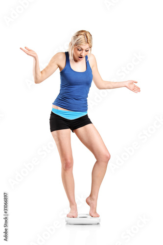 Photo: A disapointed young female on a weight scale A disapointed young female on a weight scale