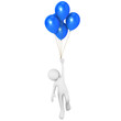 Man flying attached to blue balloons Man flying attached to blue balloons