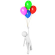 Man flying attached to multicolor balloons Man flying attached to multicolor balloons