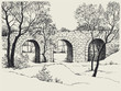 Landscape sketch of an old stone bridge in the forest Landscape sketch of an old stone bridge in the forest