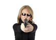 Blond lady aiming with pistol
