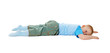 Child stumbled, fell and lay on white background