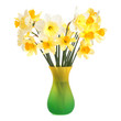 Daffodils in a yellow-green vase on white background