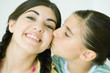 Two young female friends, one kissing the other on the cheek