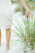 Female standing at the beach touching dune grass, cropped view