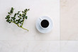 Coffee cup and olive branch, high angle view