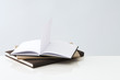 Stack of books, one open book with blank pages inside