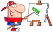 Young Man Using A Roller Brush To Paint A Canvas