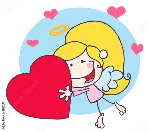 Cartoon Girl Cupid. Cartoon Stick Cupid Girl Flying With Red Heart