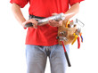 Construction worker with caulking gun over white background. Construction worker with caulking gun over white background.