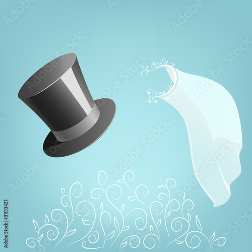 Vector: Top hat and wedding veil with floral ornament Top hat and wedding veil with floral ornament