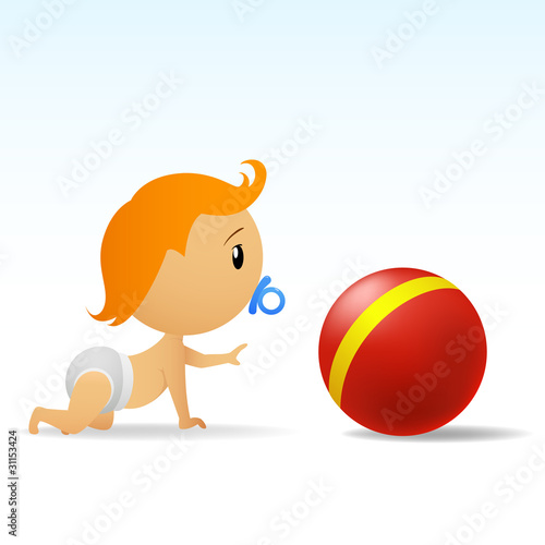 Vector: Cartoon cute baby crawling to red ball Cartoon cute baby crawling to red ball