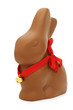Chocolate easter bunny with red ribbon and bell around its necks