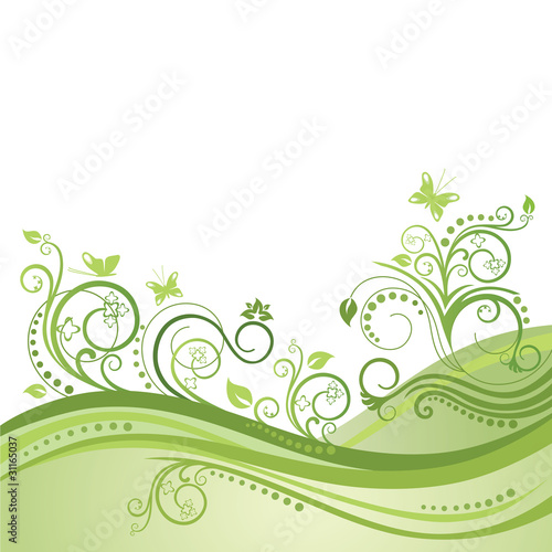 Vector: Green spring field, flowers and butterflies Green spring field, flowers and butterflies